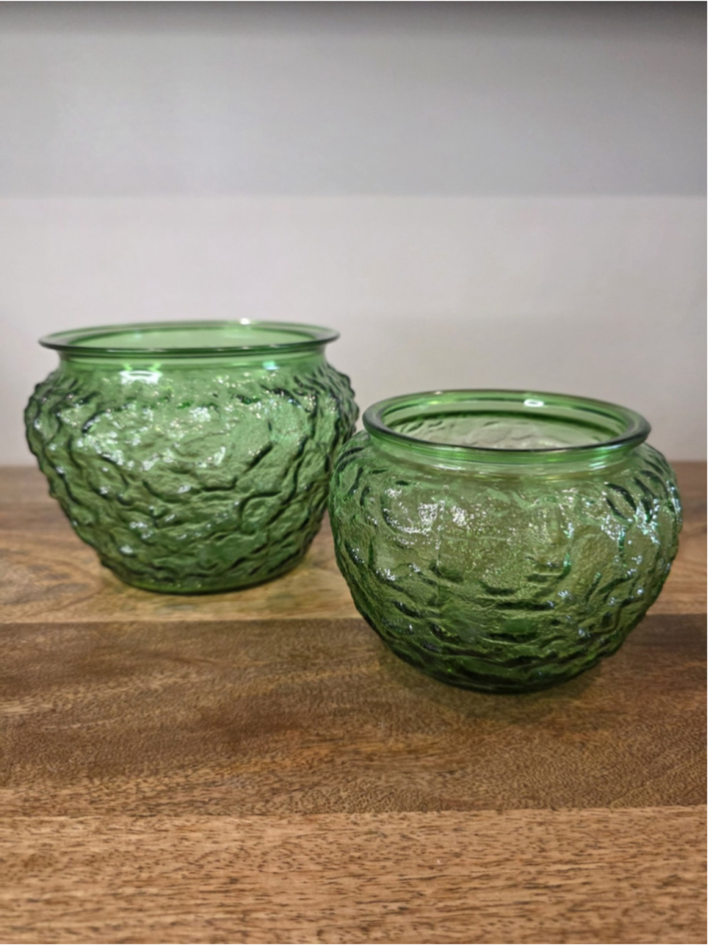 VTG E.O. Brody Green Textured Glass Planters Cachepots Set of 2 Made In USA 70s